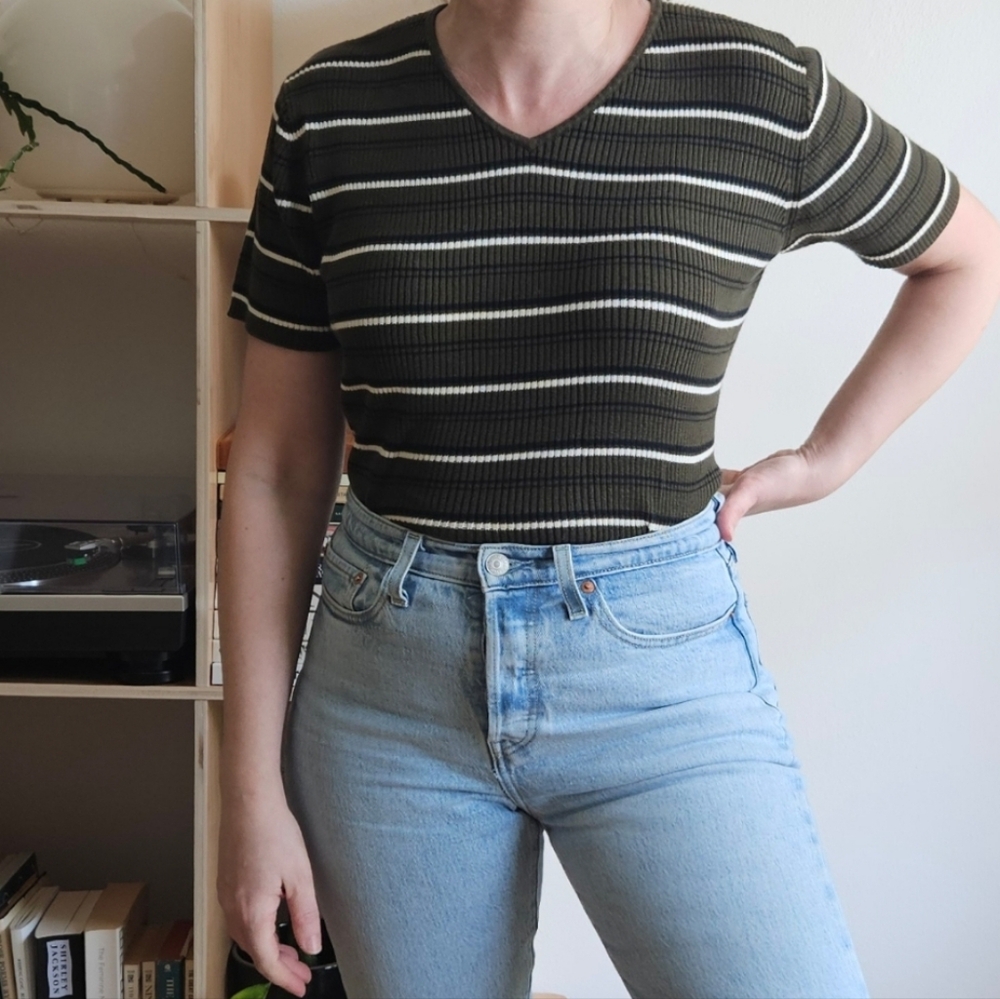 vintage 90s grunge y2k stripe cottage boho ribbed chunky knit sweater tee top